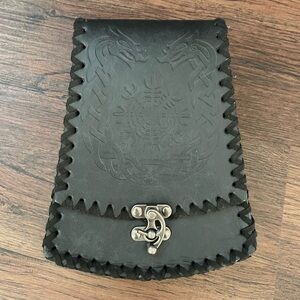 Nordic Viking Embossed Black Faux Leather Belt Bag Vegvisir Symbol Medieval 7x5”